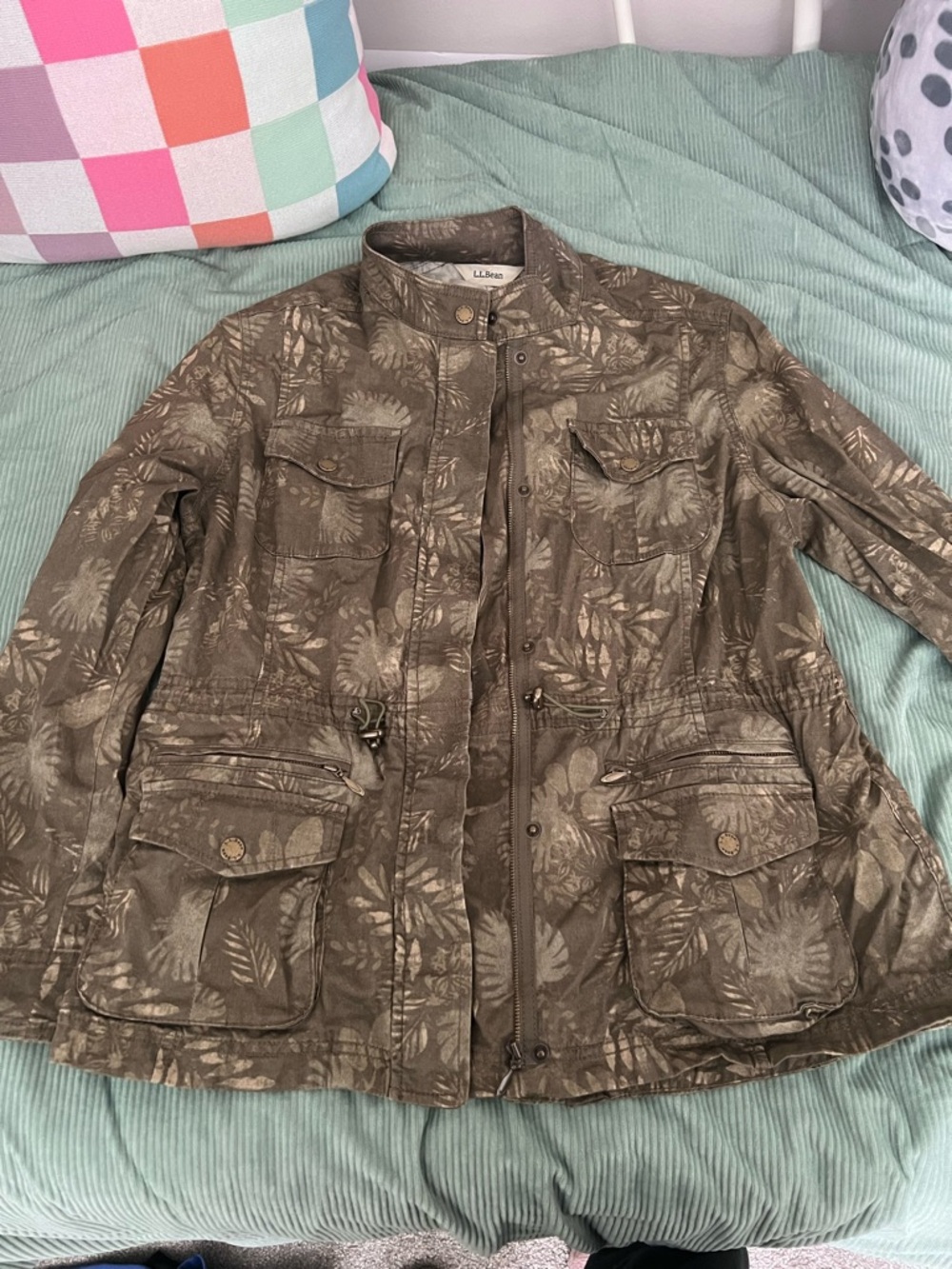 L.L. Bean Olive Green Floral-Print Utility Jacket